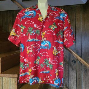Alvish Enjoy Life Red Hawaiian Shirt Surfing Santa Palm Trees Christmas SS L EUC